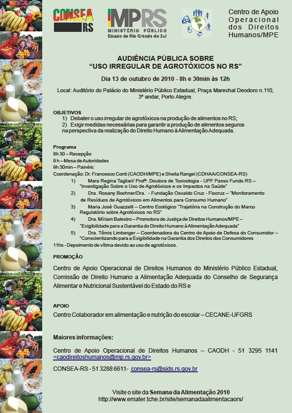 Audiência pública alusiva à Semana da Alimentação 2010 será realizada no Palácio do MP