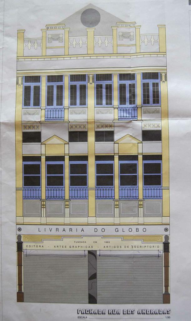 Fachada da Livraria do Globo, desenhada no projeto do edifício